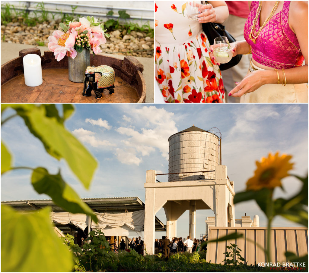 A collage of pictures of a Brooklyn Grange wedding reception with flowers and a water tower.