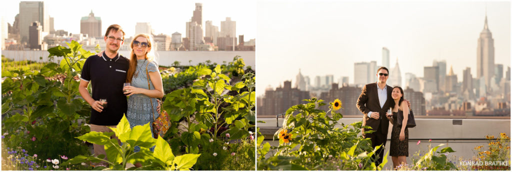 Two pictures of a couple posing on a rooftop in Brooklyn.