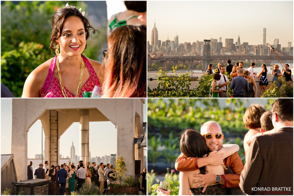 A collage of photos of people at a Brooklyn wedding on a rooftop at Brooklyn Grange.