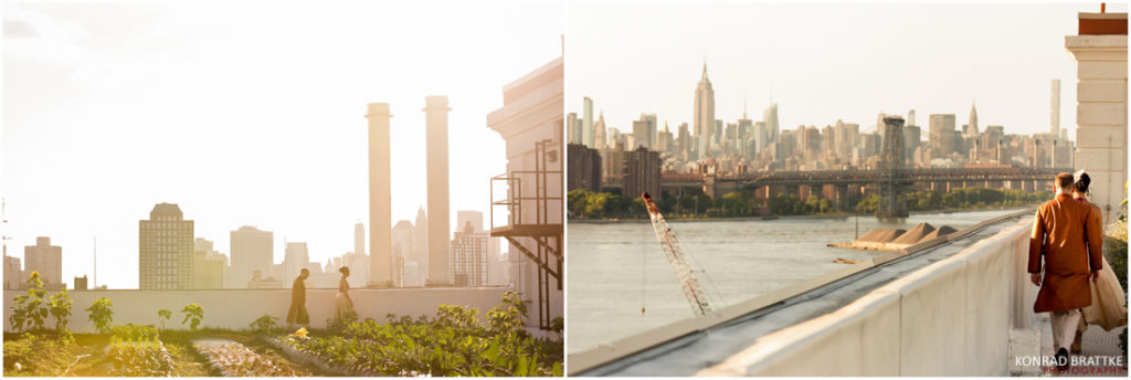 Two pictures of a man standing on a rooftop overlooking the city during a Brooklyn Grange Wedding.