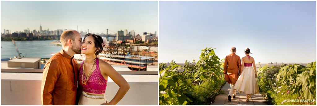 A Brooklyn Grange wedding featuring a bride and groom standing on a rooftop with a view of the city.