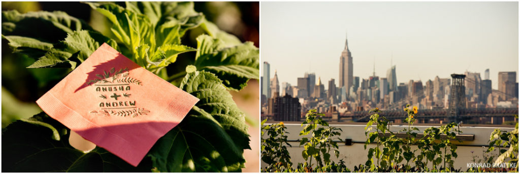 A stunning Brooklyn Grange wedding ceremony captured in a mesmerizing photo showcasing a plant with a heartfelt note, while providing an enchanting backdrop of the cityscape.