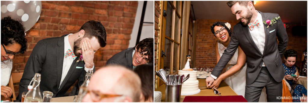 A Brooklyn wedding where the bride and groom are cutting their wedding cake.