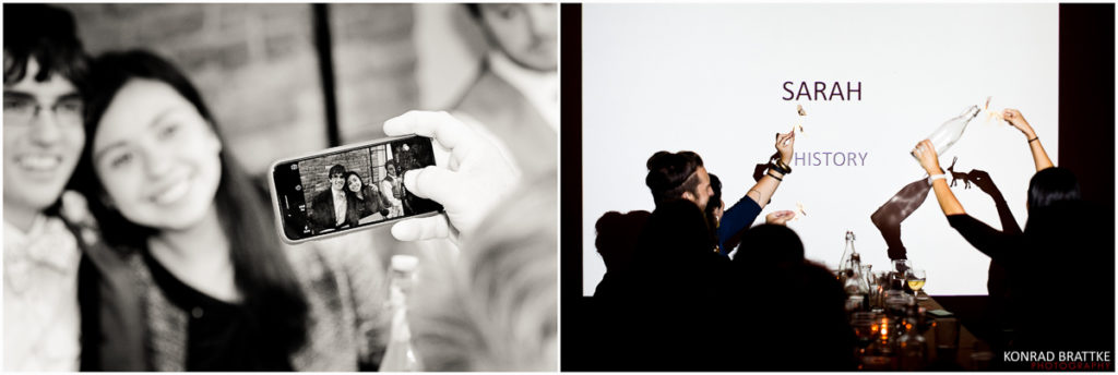 A group of people are holding up their phones at a Brooklyn wedding party.