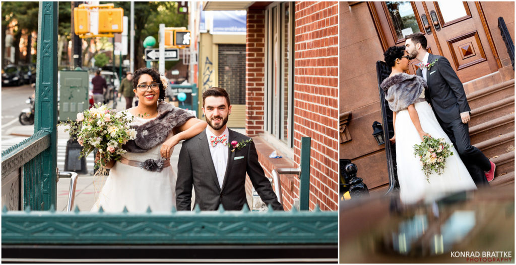 Two photos of a bride and groom in front of a building during their Brooklyn wedding.