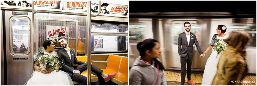 Two pictures of a bride and groom on a subway train during their Brooklyn wedding.