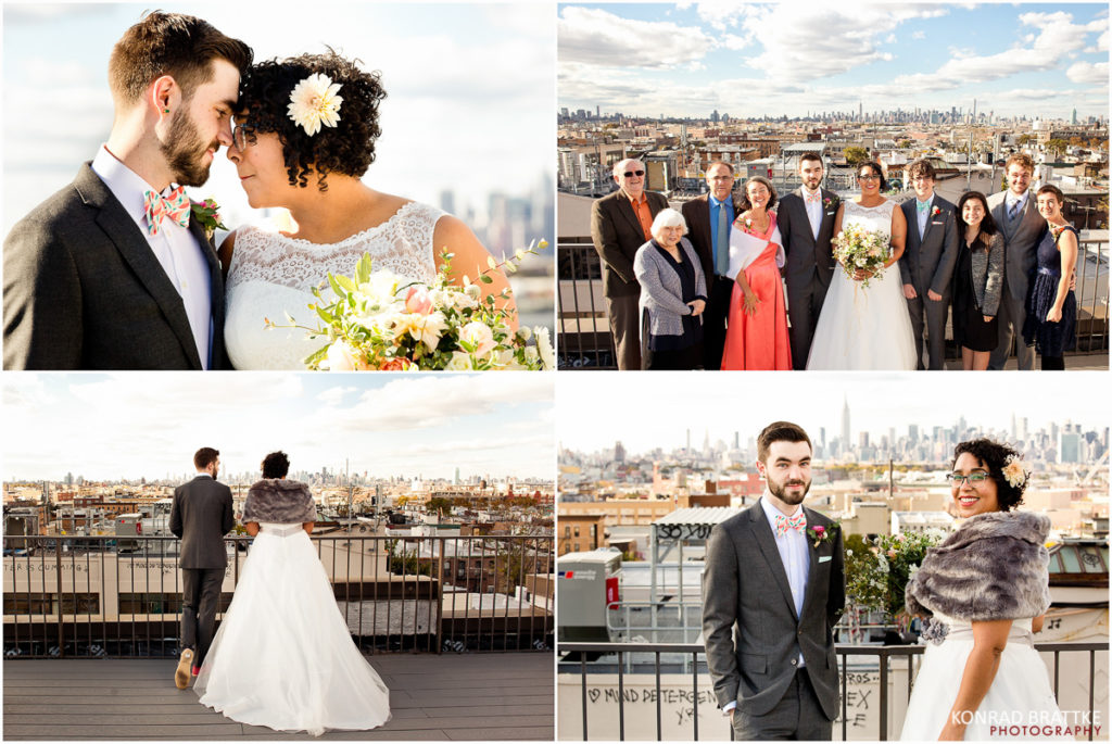 A brooklyn wedding party on a rooftop with a view of the city.