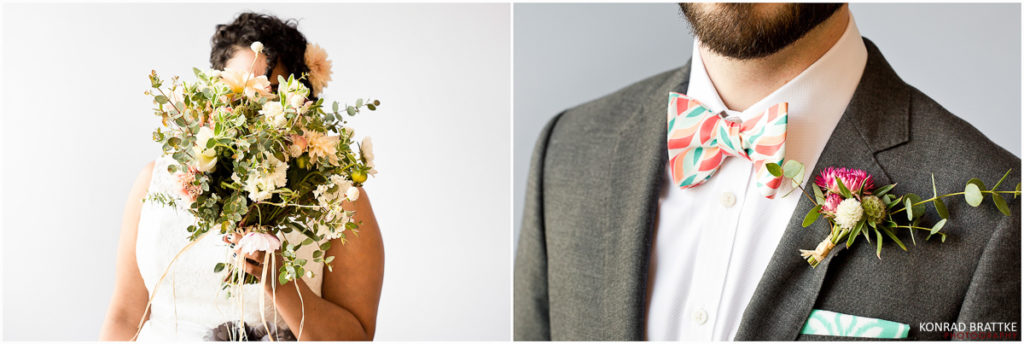 Two pictures of a bride and groom with bow ties at their Brooklyn wedding.