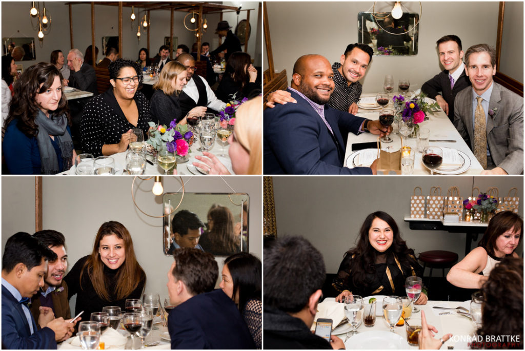 A collage of pictures of people sitting at a table at Le Fanfare for a wedding.