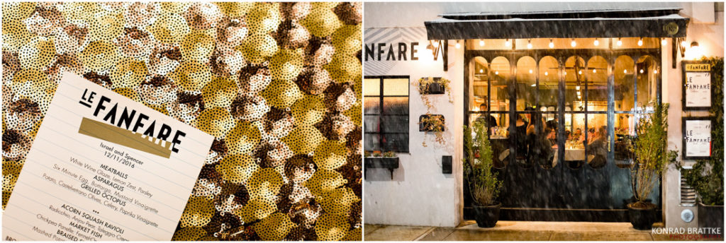 Description: A picture of the Le Fanfare restaurant with a sign on the door.