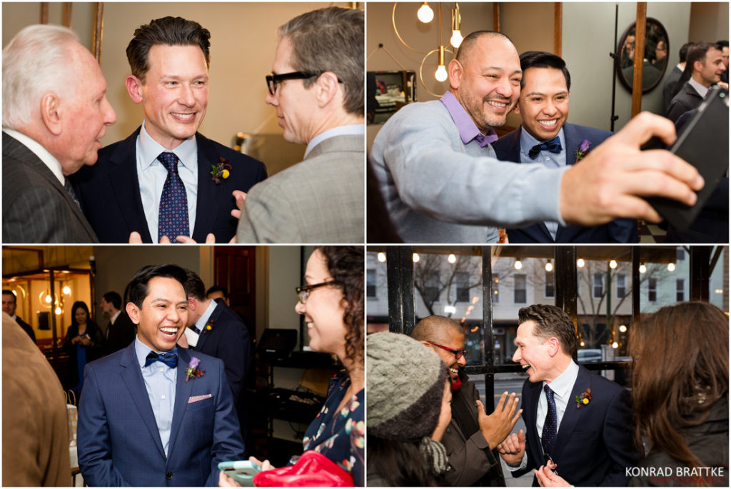 A collage of photos of guests at the Le Fanfare wedding.