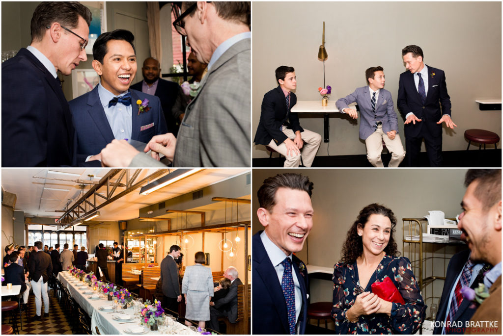 A collage of photos of people at a Le Fanfare wedding reception.