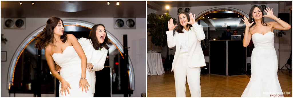 Two pictures of two brides dancing at a Manhattan Penthouse wedding.