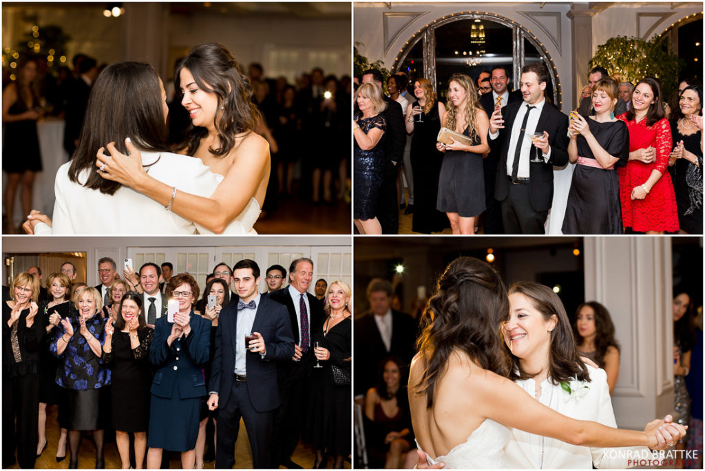 Two brides dance at a Manhattan Penthouse wedding reception.