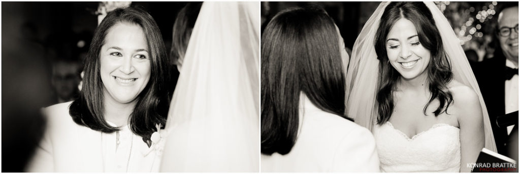 Two black and white photos capturing a beautiful Manhattan Penthouse wedding of a bride and bride.