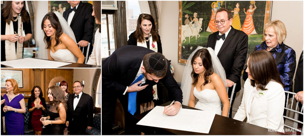 A Manhattan Penthouse wedding ceremony featuring two brides signing their wedding vows.