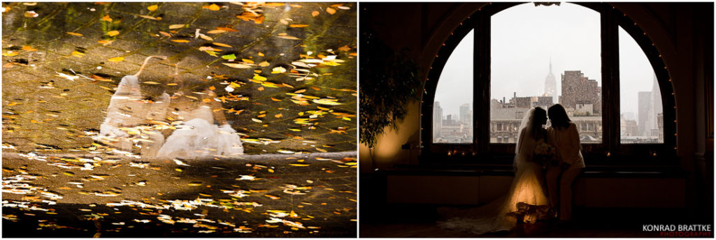 Two pictures of a bride in a wedding dress in front of a window at her Manhattan Penthouse wedding.