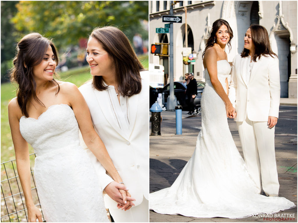Two photos of two brides in white suits captured during a Manhattan Penthouse wedding.