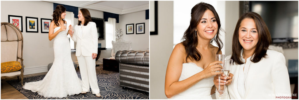 Two pictures two brides posing for a photo during their Manhattan Penthouse wedding.