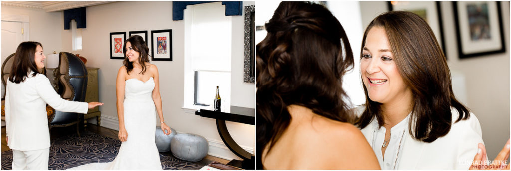 Two pictures capturing the brides preparing for her Manhattan Penthouse wedding.