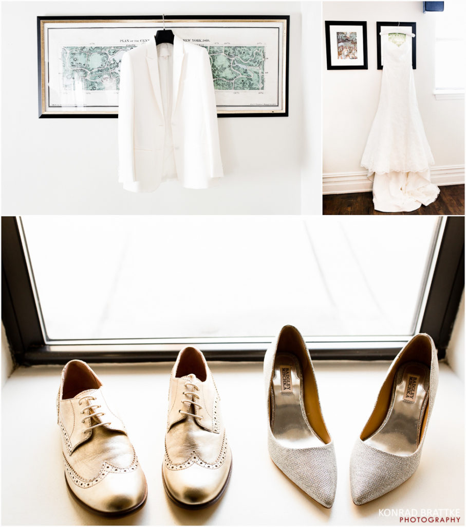 A Manhattan Penthouse wedding, featuring a stunning wedding dress gracefully hanging on a wall while showcasing elegant shoes.