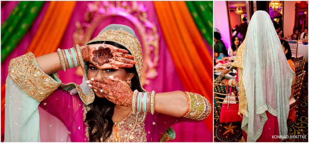 A bride in an Indian wedding with mehndi on her face at Antuns.