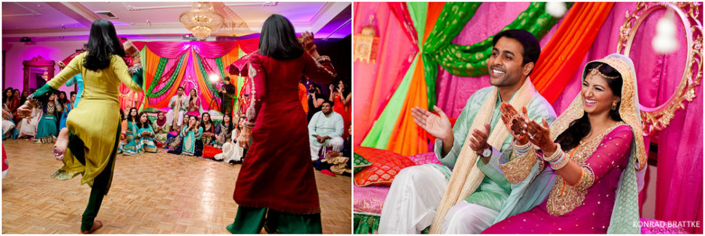 A bride and groom dancing at an Indian wedding ceremony with mehndi at Antuns.