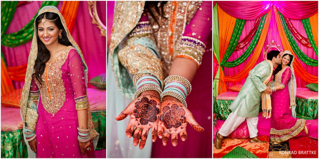 A bride and groom adorned in traditional Indian attire during their mehndi ceremony at Antuns.