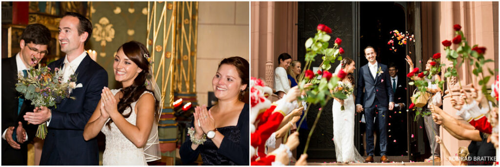 The bride and groom are having a playful moment, as they joyfully toss rose petals at each other during their picture-perfect wedding ceremony.