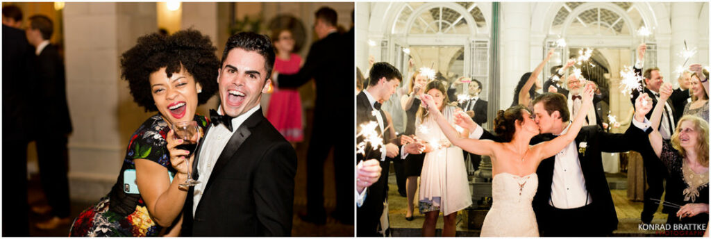 Two pictures of a bride and groom dancing with sparklers.