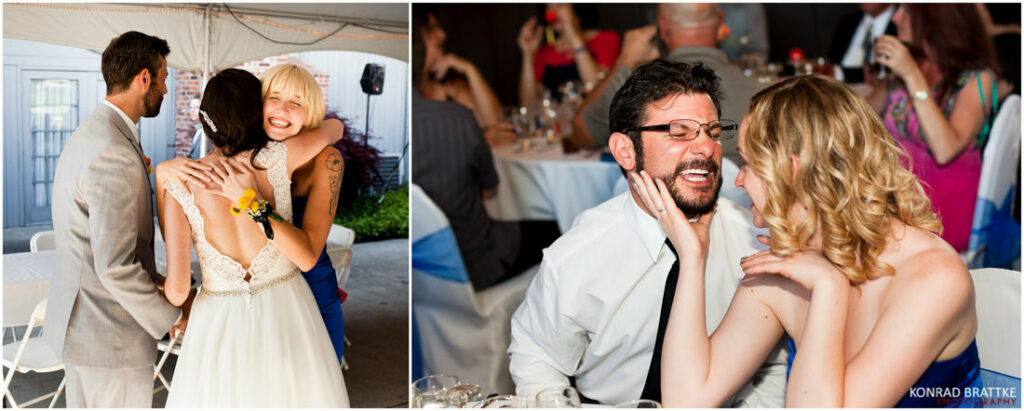 A beautiful moment of a bride and groom sharing a kiss at their wedding reception.