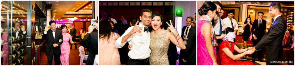 A group of people in formal attire dancing at a wedding reception.