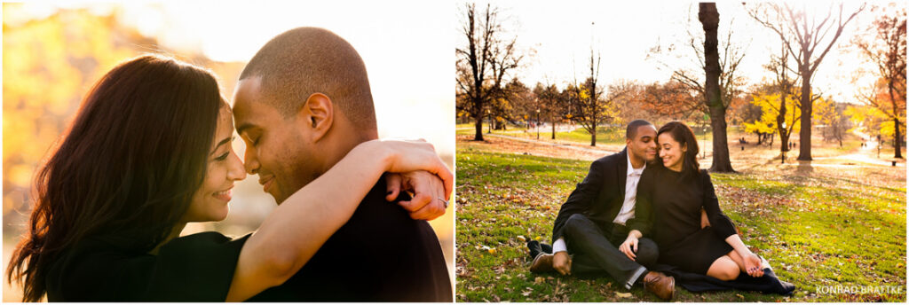 Two pictures of a couple embracing in a park, capturing their love and happiness.
