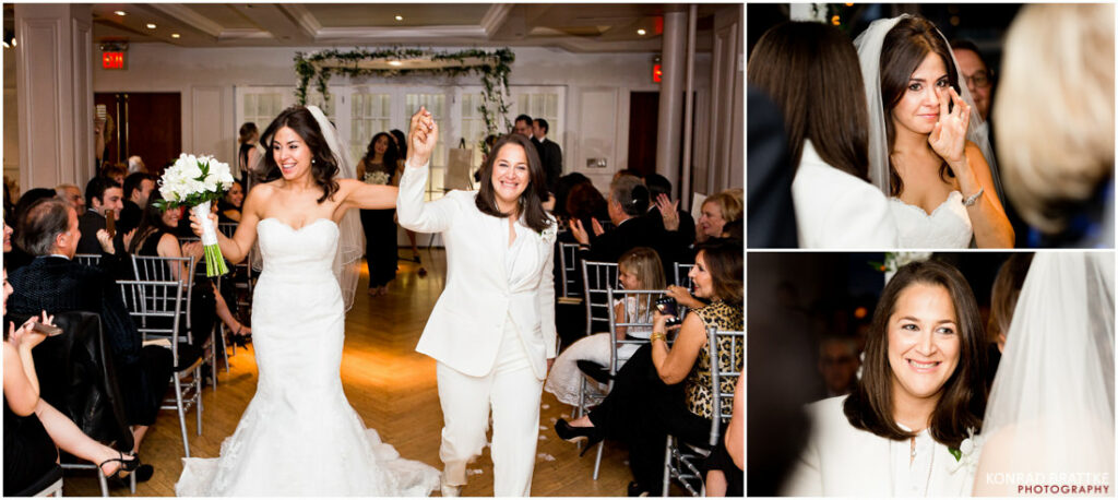 The brides gracefully walk down the aisle on their special day, creating the best of weddings.