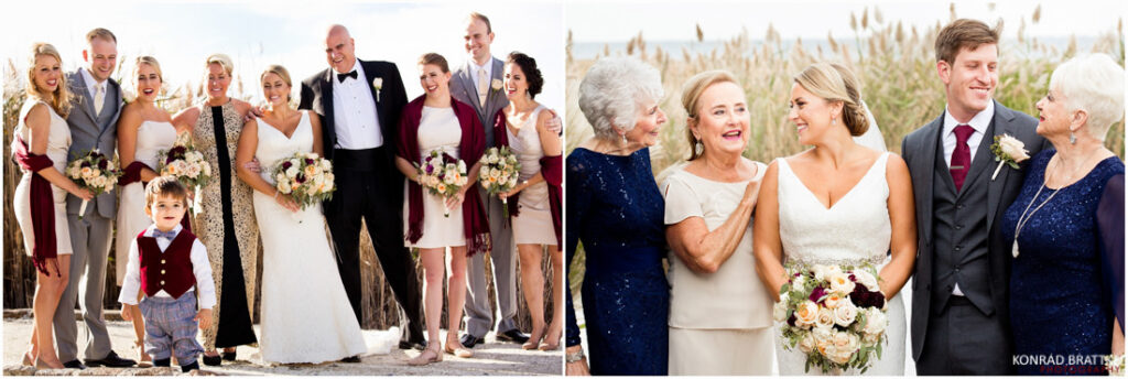 A Wedding group is posing for a photo.