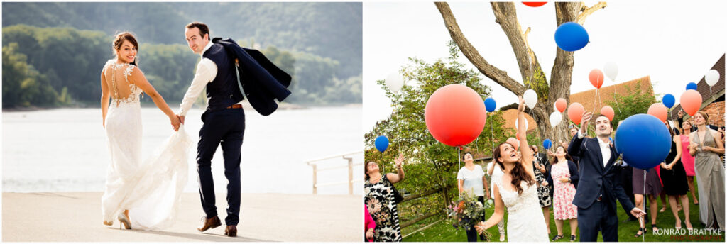 The best of weddings captured in a stunning image of a bride and groom holding balloons in front of a picturesque lake.