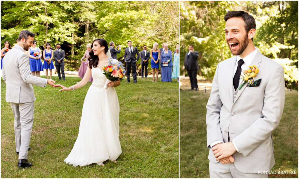 A bride and groom joyfully laughing during their wedding ceremony.