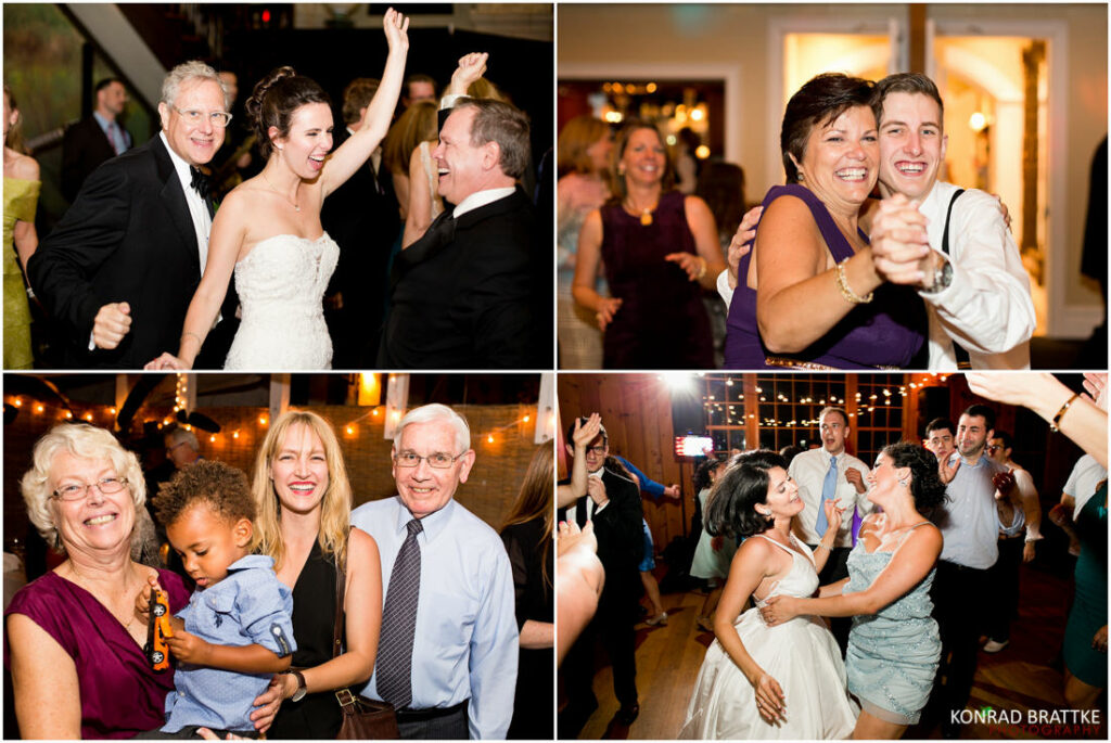 A stunning collage capturing the best of weddings, with photos of people joyously dancing at a reception.