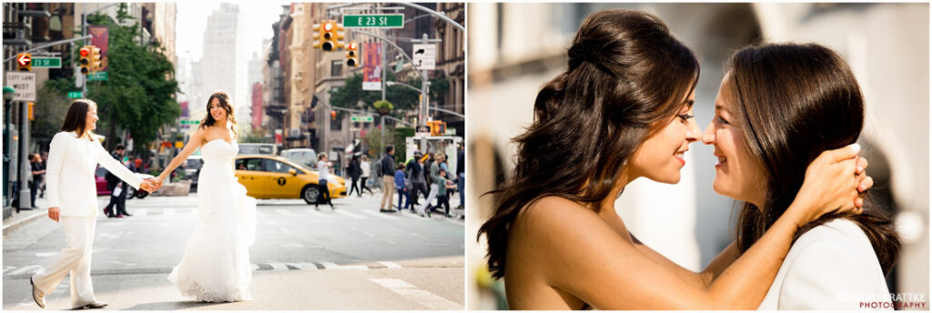 Best of weddings: Two pictures of a bride and groom on a city street truly capture the essence of a wedding celebration.