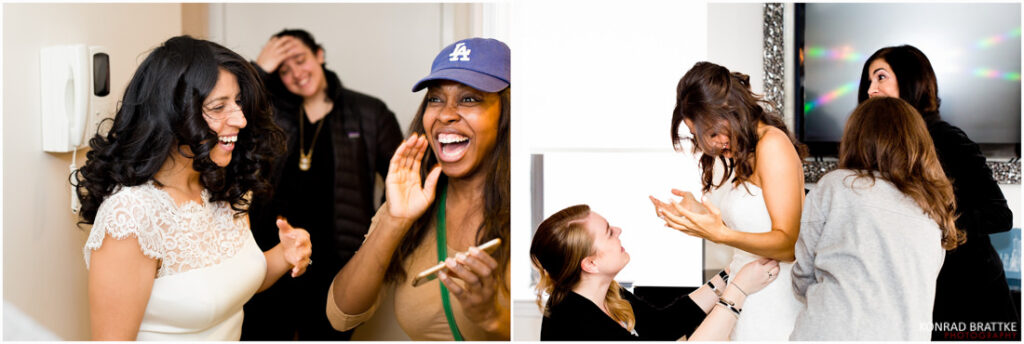 Group is laughing in front of a mirror.