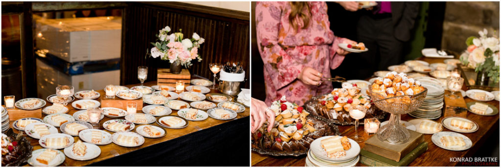 Two pictures of a dessert table at a wedding held at Brooklyn Winery.