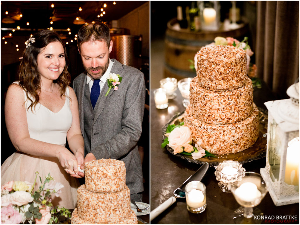 A bride and groom cutting a wedding cake at Brooklyn Winery.