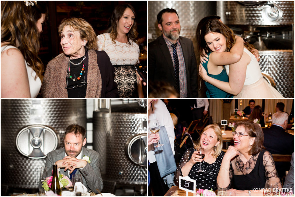 A collage of pictures of people at a wedding reception held at Brooklyn Winery.