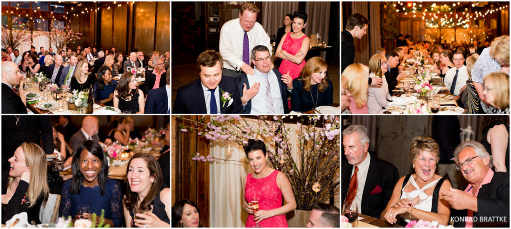 A collage of pictures of people at a Brooklyn winery wedding reception.