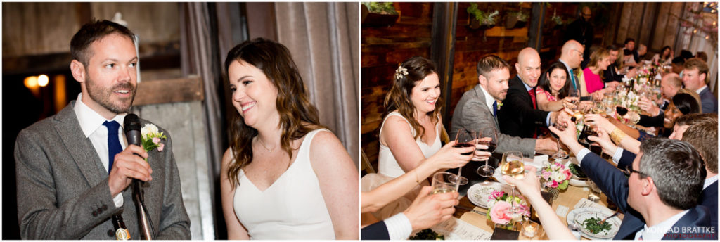 A bride and groom toasting at a wedding reception held at Brooklyn Winery.