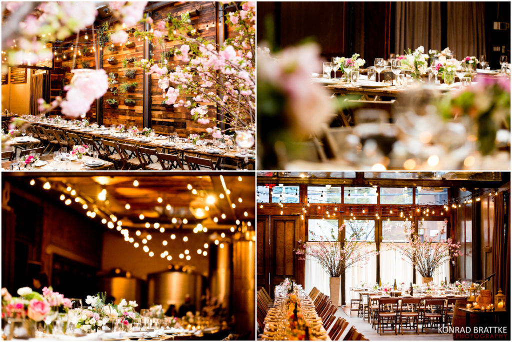 A collage of pictures taken at a wedding reception held at the Brooklyn Winery.