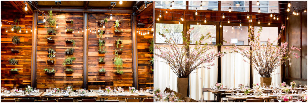 A brooklyn winery wedding reception with wooden tables and wooden walls.