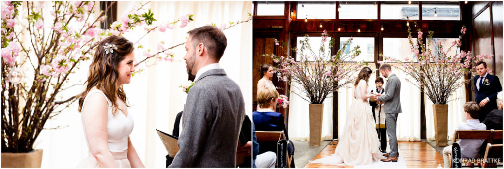 A bride and groom exchange vows at Brooklyn Winery in a wedding ceremony.