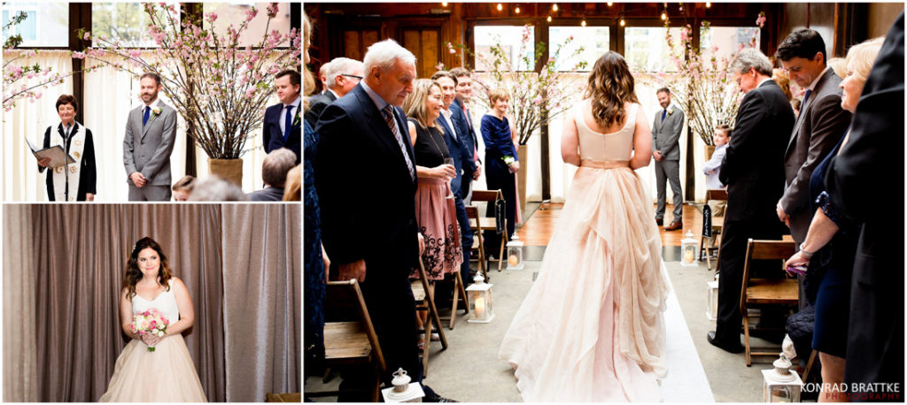 A bride walks down the aisle at a Brooklyn Winery wedding ceremony.