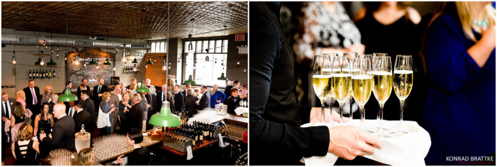 A group of people are holding champagne flutes at Brooklyn Winery.